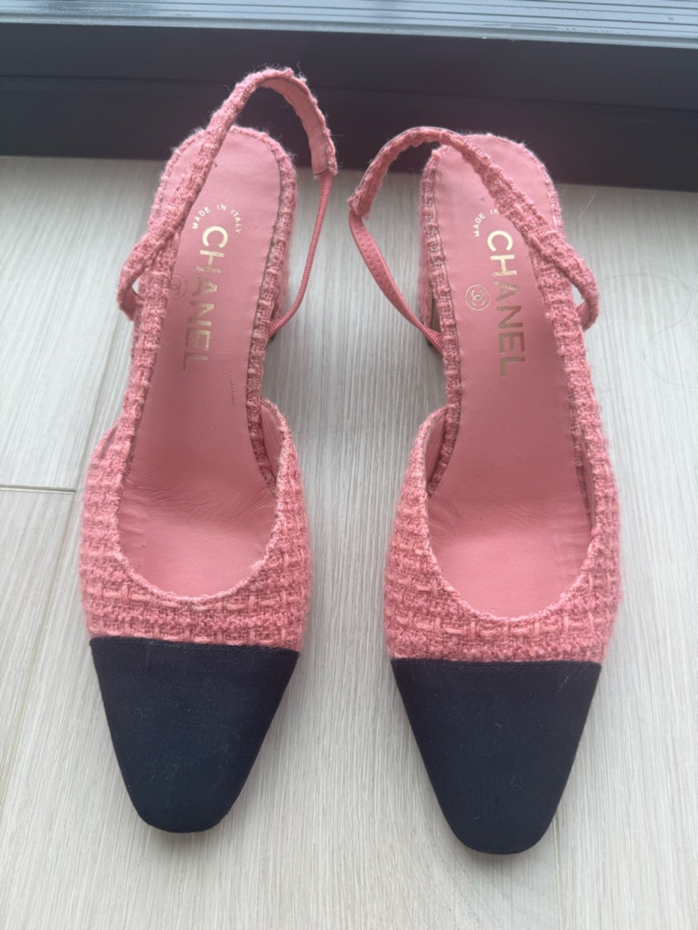 CHANEL Pink Tweed Slingbacks with Black Cap Toe